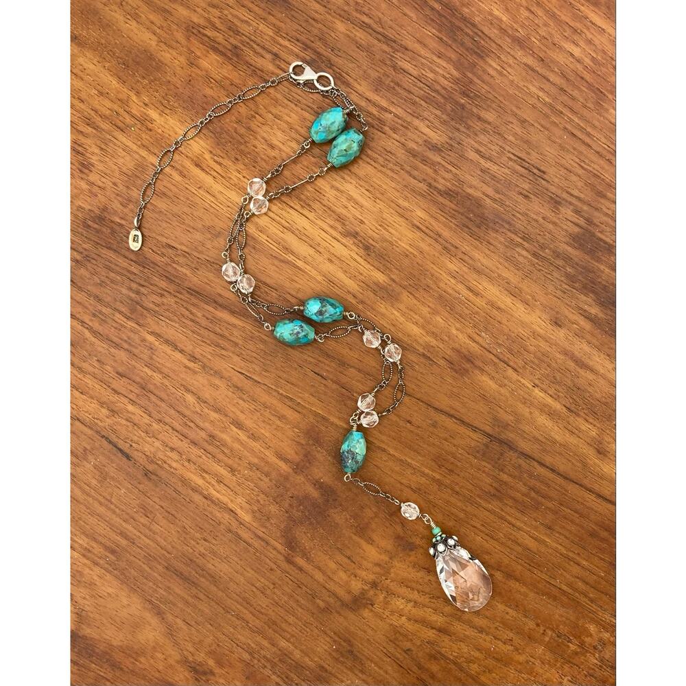 Barse Sterling Silver Turquoise Lariat Y Necklace Clear Crystal Accents 925